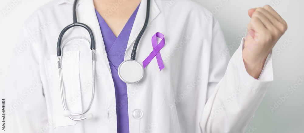 Doctor holding purple Ribbon for Violence, Pancreatic, Esophageal, Testicular cancer, Alzheimer, epilepsy, lupus, Sarcoidosis and Fibromyalgia. Awareness month and World cancer day concept Doctor holding purple Ribbon for Violence, Pancreatic, Esophageal, Testicular cancer, Alzheimer, epilepsy, lupus, Sarcoidosis and Fibromyalgia. Awareness month and World cancer day concept