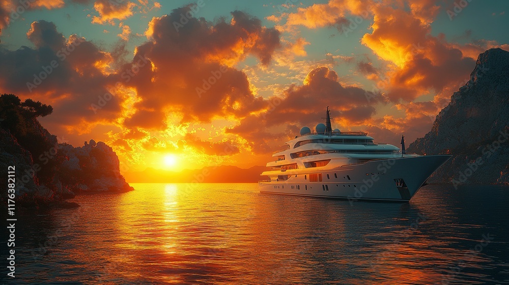 Luxury Yacht at Sunset Between Coastal Cliffs Luxury Yacht at Sunset Between Coastal Cliffs