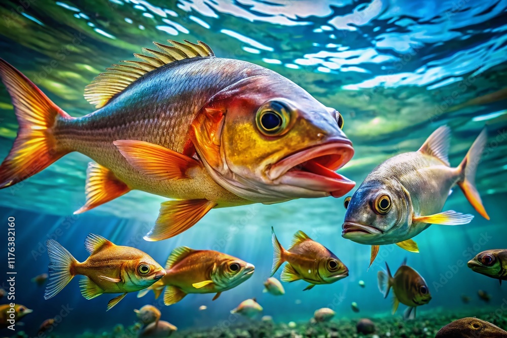 Naklejka premium Underwater Food Chain: Candid Shot of Fish Eating Plankton