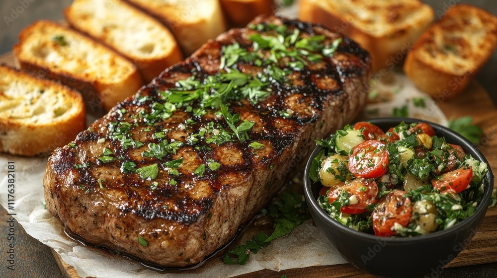 Grilled steak, garlic bread, and vibrant salad. Grilled steak, garlic bread, and vibrant salad.