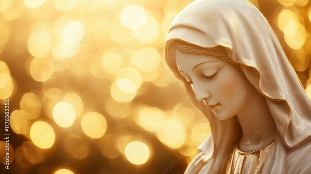 Fototapeta premium A serene white statue of the Virgin Mary, Mother of Jesus Christ, set against a glowing golden bokeh background, ideal for spiritual banners or designs