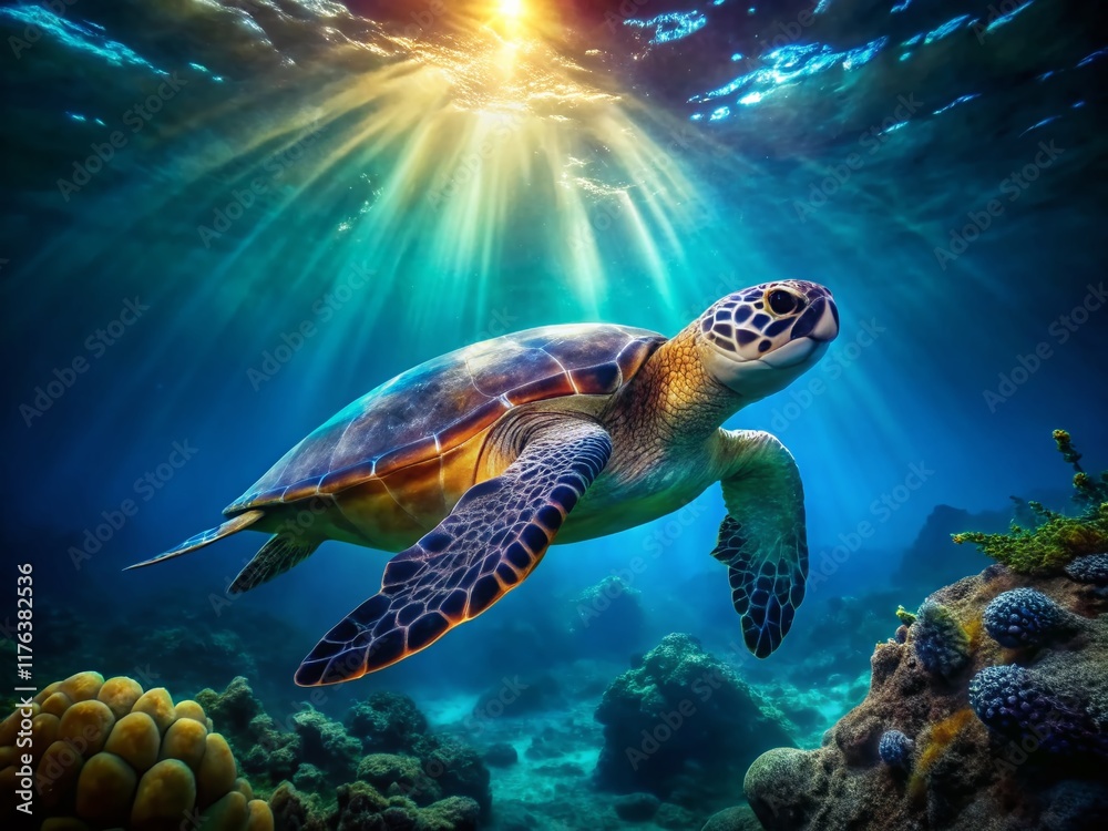 Obraz premium Underwater Sea Turtle, Low Light Ocean Scene, Cheloniidae, Marine Wildlife, Night Dive