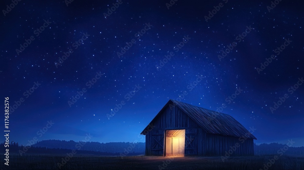A serene wooden stable at night, surrounded by a starry dark blue sky, with a gentle light emanating from inside, ideal for a banner design with copy space A serene wooden stable at night, surrounded by a starry dark blue sky, with a gentle light emanating from inside, ideal for a banner design with copy space