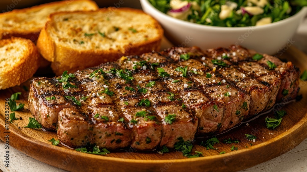 Grilled steak, garlic bread, salad, herbs. Grilled steak, garlic bread, salad, herbs.