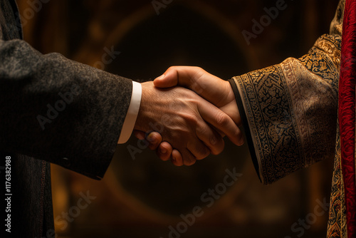 Elegant Handshake Between Businessmen in Traditional and Modern Attire on Dark Background