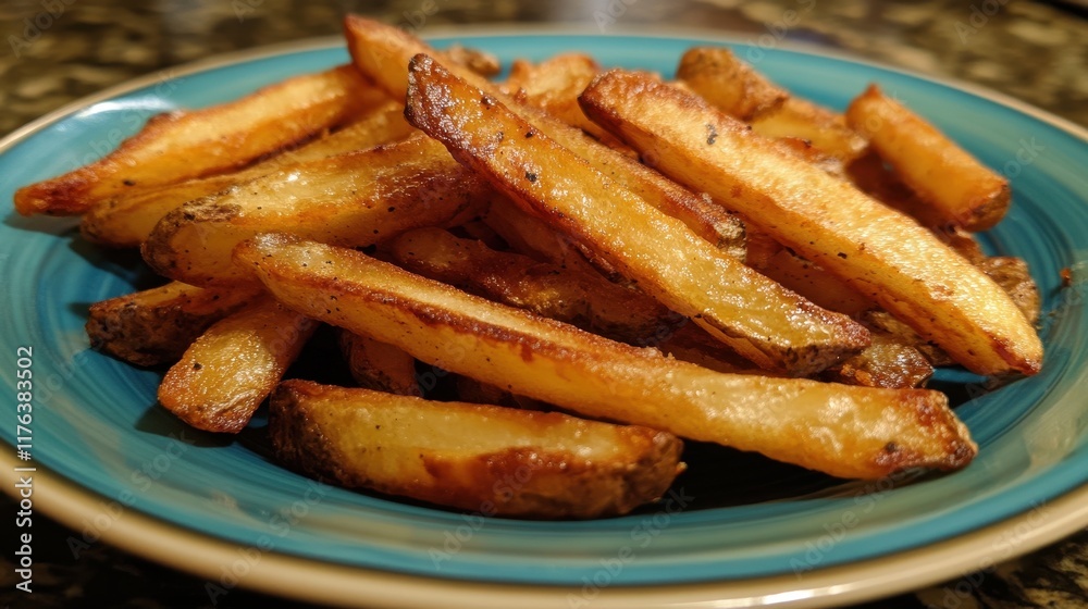 Golden brown, crispy french fries on a teal plate. Perfect for menus, food blogs, or articles about delicious comfort food. Golden brown, crispy french fries on a teal plate. Perfect for menus, food blogs, or articles about delicious comfort food.