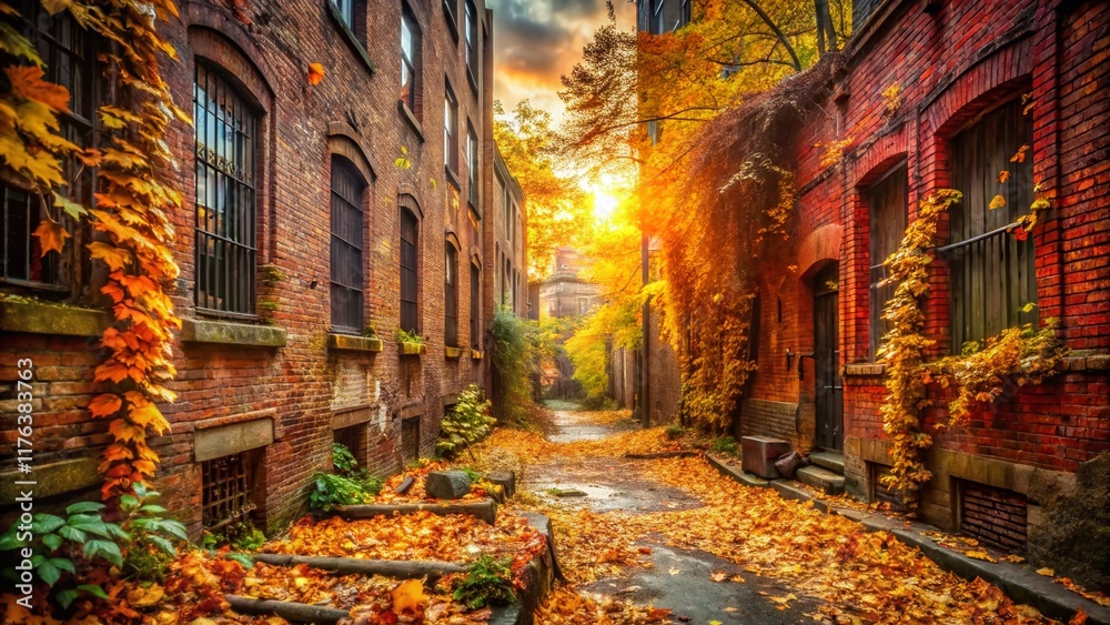 Fototapeta premium Urban Autumn Exploration: Colorful Decay, Grungy Brick Walls, Leafy Street, Fall Colors