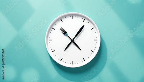 It,s Time to Eat, A Culinary Clock with Utensils Instead of Hands on a Teal Background