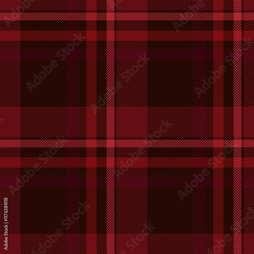 Intense textile plaid pattern, empty check fabric seamless. Dimensional vector texture tartan background in black and royal maroon colors.
