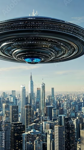 Aliens over the city. Unidentified flying object is hovering over a vibrant cityscape