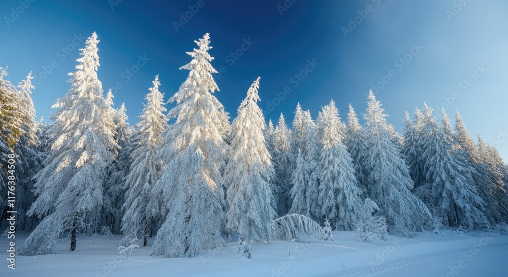 Snow-covered evergreen trees stand under clear blue sky in serene winter landscape Snow-covered evergreen trees stand under clear blue sky in serene winter landscape
