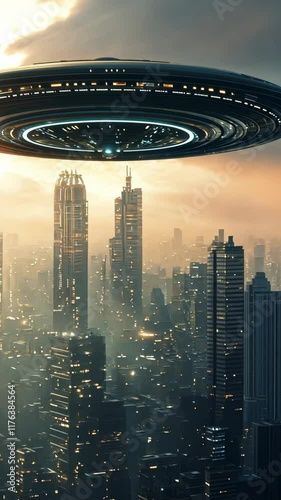 Aliens over the city. Unidentified flying object is hovering over a vibrant cityscape