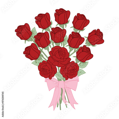 Pink Roses bouquet with ribbon bow illustration