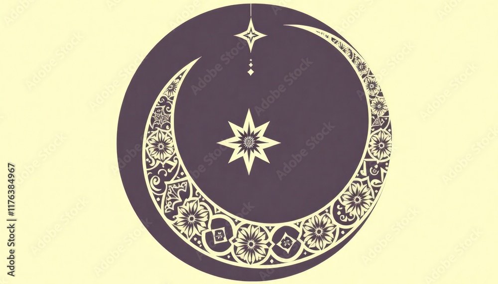 Crescent moon and a star, crescent moon has intricate floral or geometric patterns, adding an ornate touch. eid mubarak greeting card Crescent moon and a star, crescent moon has intricate floral or geometric patterns, adding an ornate touch. eid mubarak greeting card