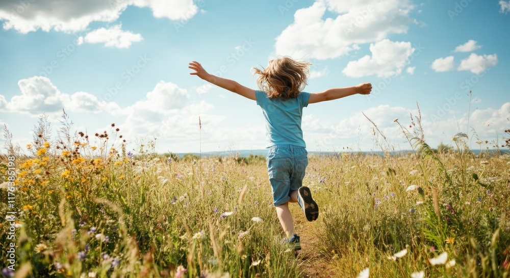 Child running through field of wildflowers under bright sky Child running through field of wildflowers under bright sky