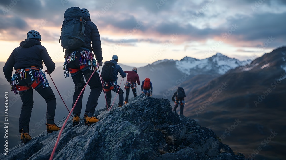 Obraz premium Team of Climbers Roped Together Ascending a Mountain at Sunset with Stunning Scenic Background