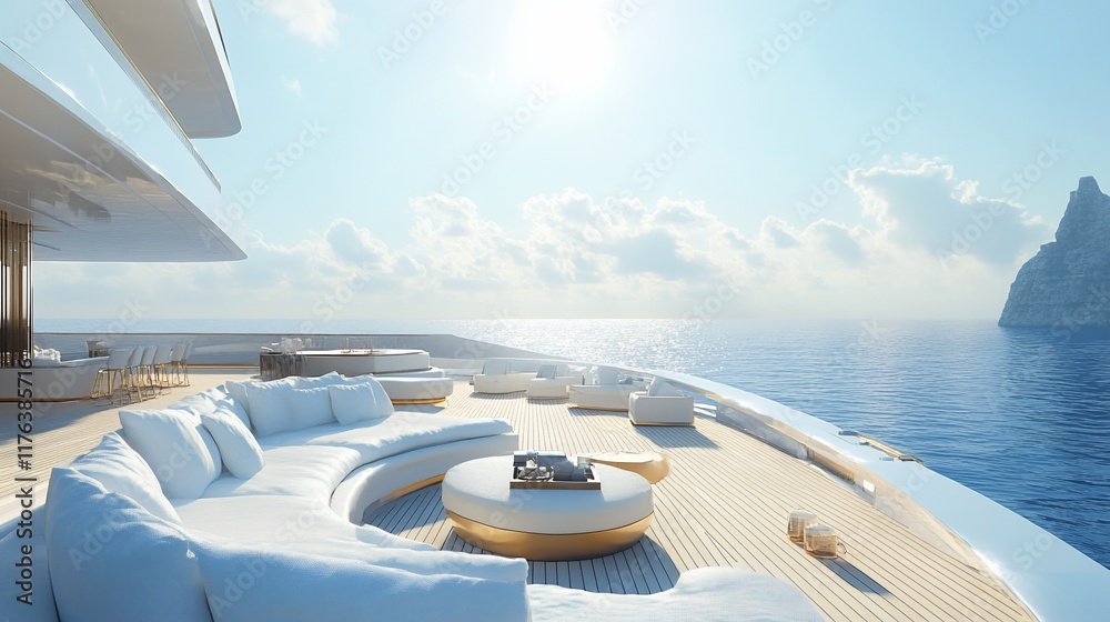 Fototapeta premium Luxury yacht deck with seating, ocean view.