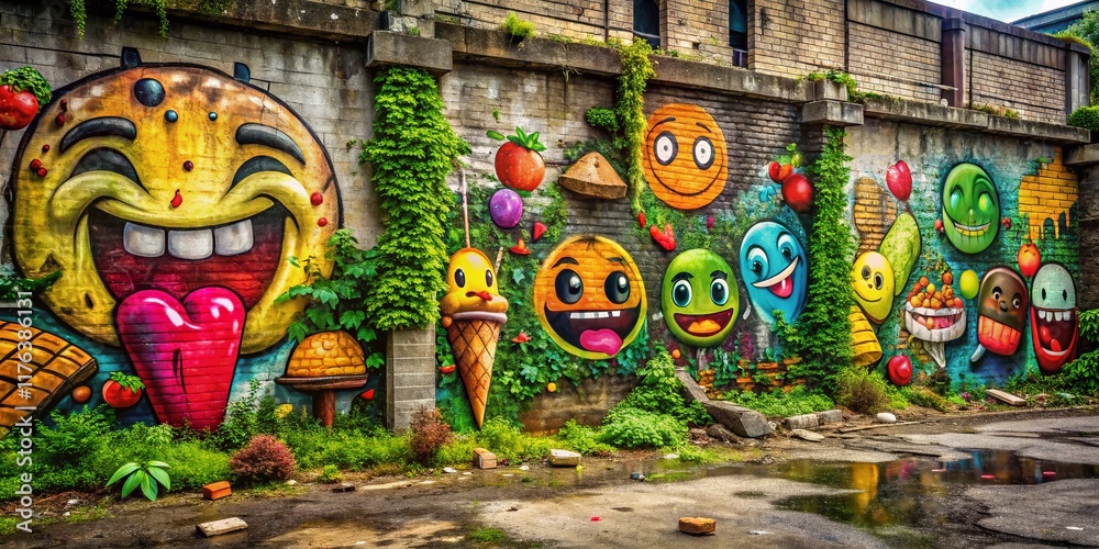 Fototapeta premium Urban Decay Food Emojis: Grungy Street Art Meets Culinary Icons
