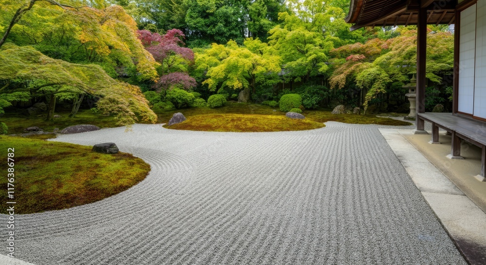 Obraz premium Serene rock garden with manicured gravel patterns and vibrant greenery