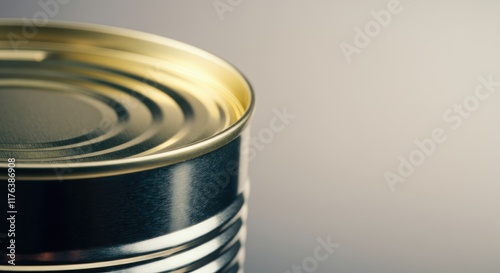 Close-up of sealed metal tin can, blurred background photo