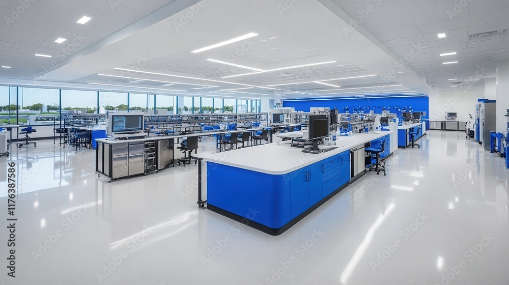Modern High-Tech Laboratory Interior with Sleek Design and Advanced Equipment Featuring Bright Blue Accents and Expansive Windows for Natural Light Modern High-Tech Laboratory Interior with Sleek Design and Advanced Equipment Featuring Bright Blue Accents and Expansive Windows for Natural Light