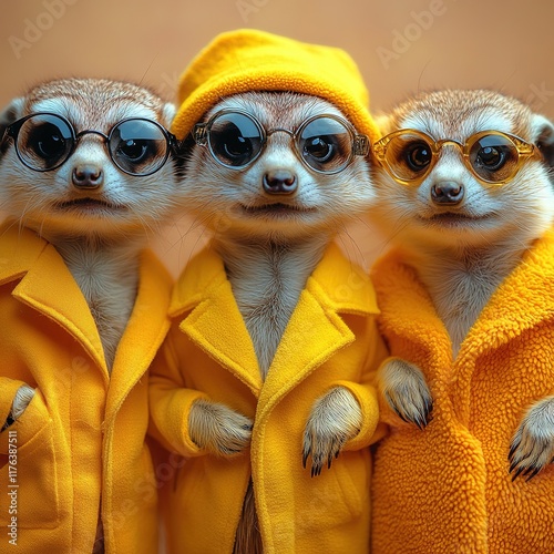 Three stylish meerkats wearing yellow coats and glasses, posing together in a playful manner.