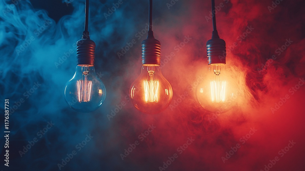 Three illuminated Edison bulbs in blue and red smoke. Three illuminated Edison bulbs in blue and red smoke.