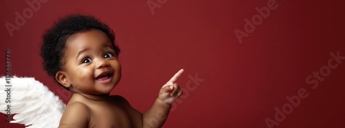 Valentine's Day banner with cute African-American kid in little Cupid costume with bold emotions and expression on their face, festive commercial background with copy space, AI generated image