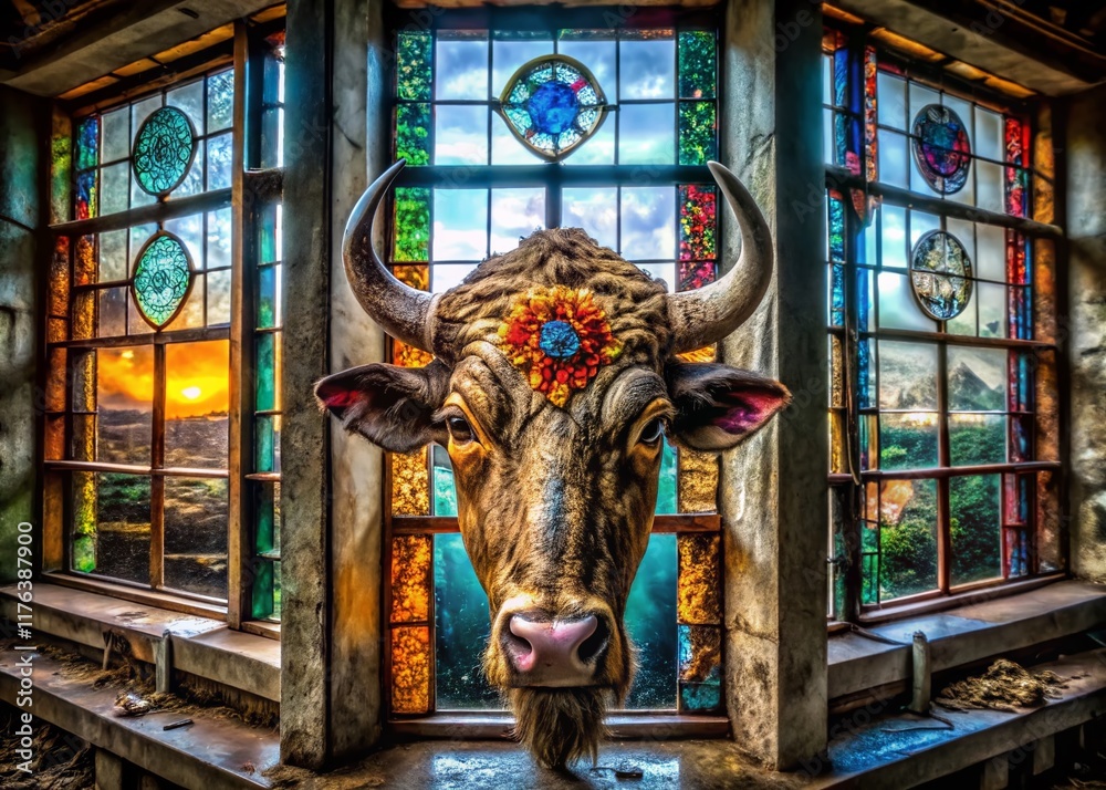 Urban Decay: Stained Glass Buffalo Skull with Horn-Inspired Geometric Patterns - Abandoned Building Photography Urban Decay: Stained Glass Buffalo Skull with Horn-Inspired Geometric Patterns - Abandoned Building Photography