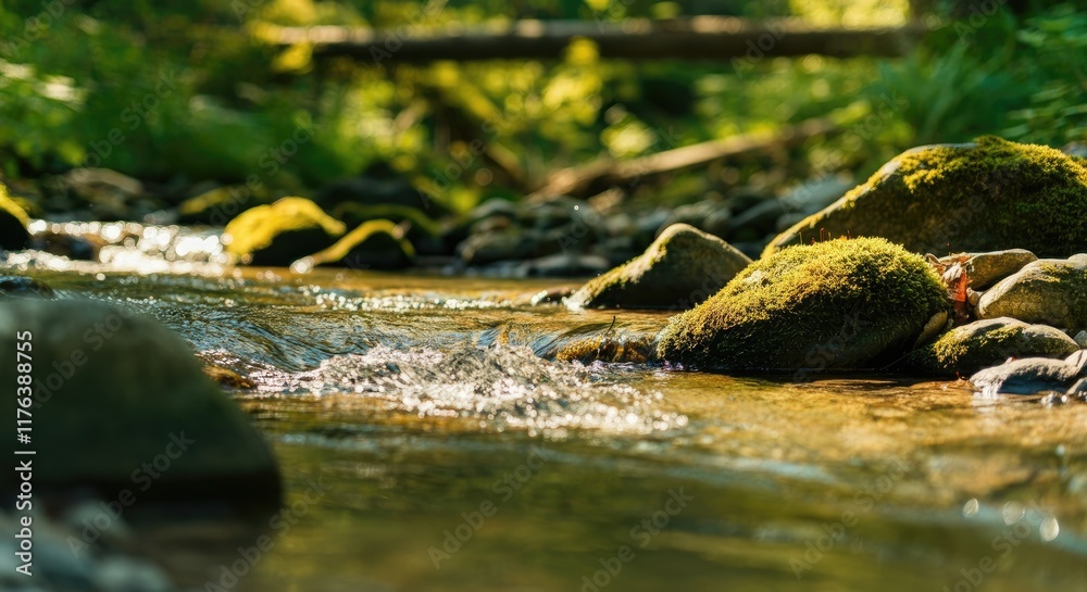 Scenic stream with flowing water and mossy rocks in lush forest setting