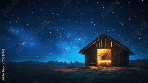 A wooden stable with a glowing interior, surrounded by a deep blue starry night, offering a serene and symbolic Jesus Christ birth concept with text space