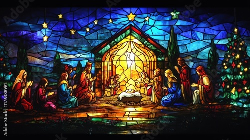 Beautiful stained glass artwork of the Nativity scene, with glowing colors and ornate Christmas accents, ideal for festive decoration banners