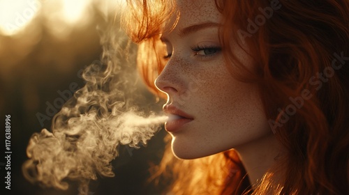 A woman exhaling smoke, captured in soft golden light.