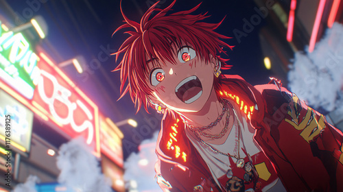 Bold dynamic 80s city pop anime artwork fierce red hair character neon urban night scene vibrant aesthetic moody retro vibe man guy boy teen male wallpaper clipart lofi music cover manga cartoon 3d