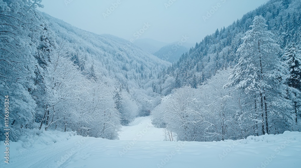 Obraz premium Experience the tranquility of freshly fallen snow in a serene mountain landscape winter wonderland nature photography snowy environment aerial view peaceful retreat