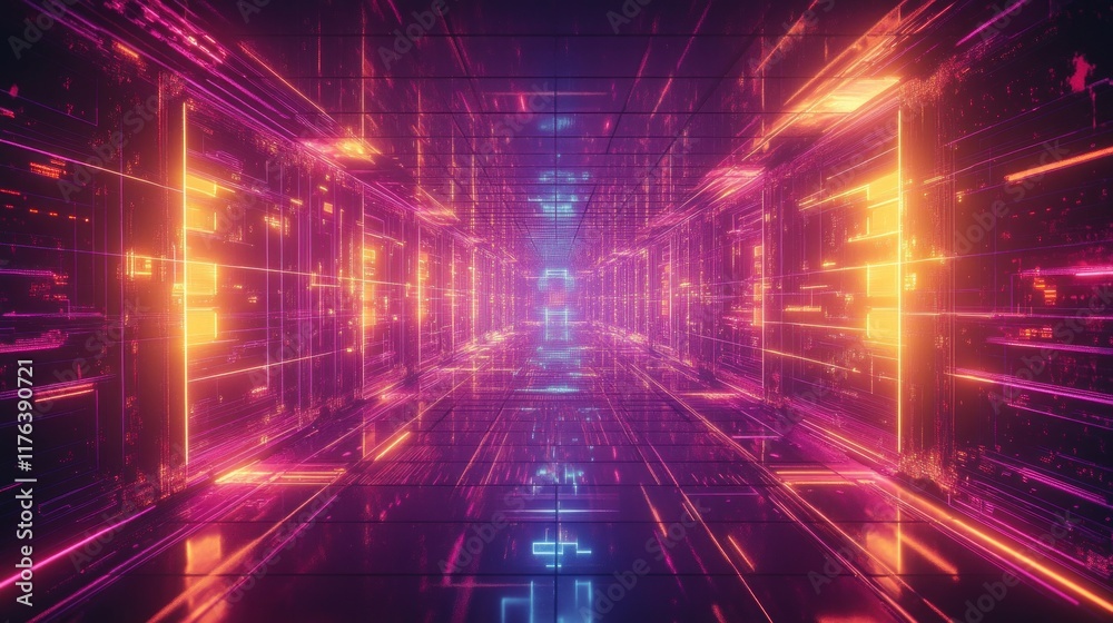 Bright and abstract 3D synthwave background with a glowing grid in perspective, blending retro futurism and vaporwave aesthetics