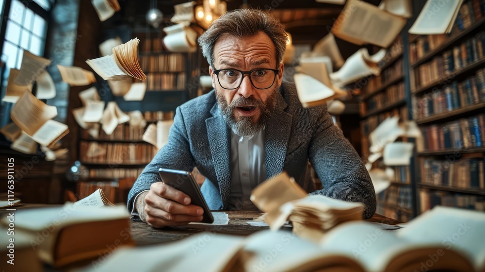 A surprised man in a library surrounded by flying books, engaged with his smartphone. A surprised man in a library surrounded by flying books, engaged with his smartphone.