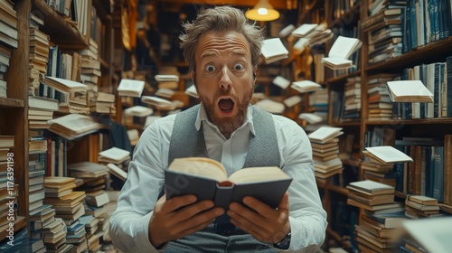 A surprised man reads a book in a magical library filled with floating pages. photo