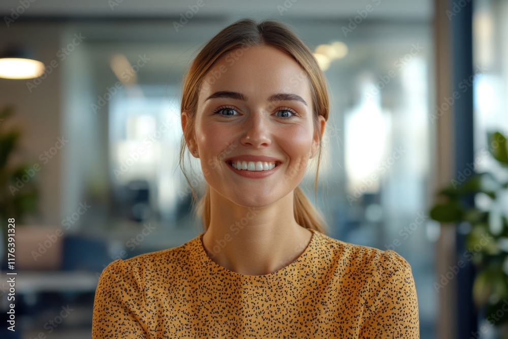 smiling woman in yellow patterned blouse, showcasing confidence and positivity in modern office environment. Her bright expression adds warmth to professional setting smiling woman in yellow patterned blouse, showcasing confidence and positivity in modern office environment. Her bright expression adds warmth to professional setting
