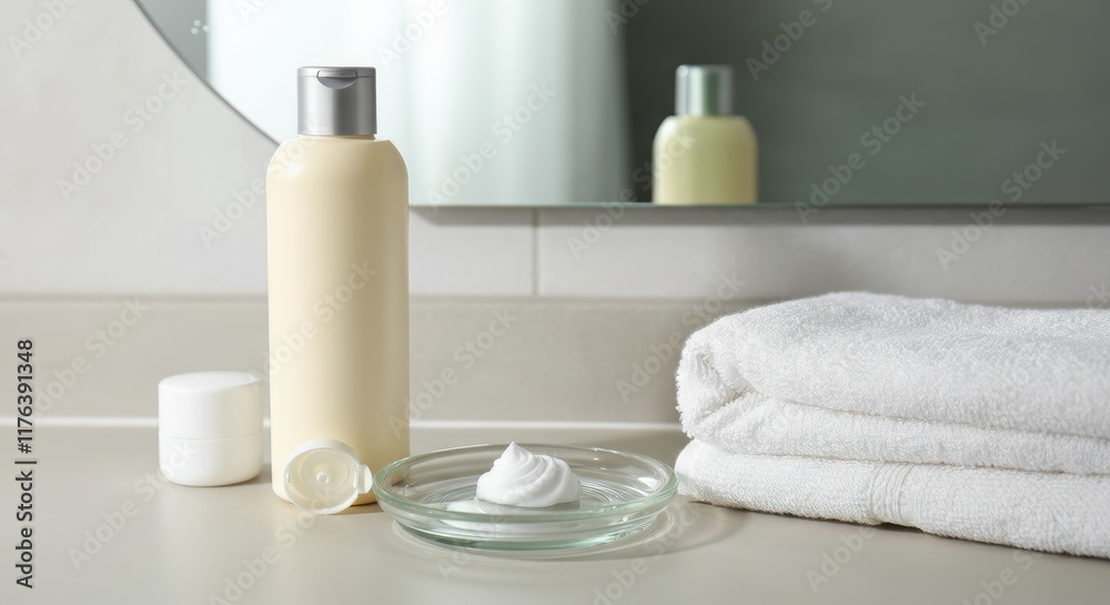 Fototapeta premium Skincare product bottles and cream on bathroom counter with towels