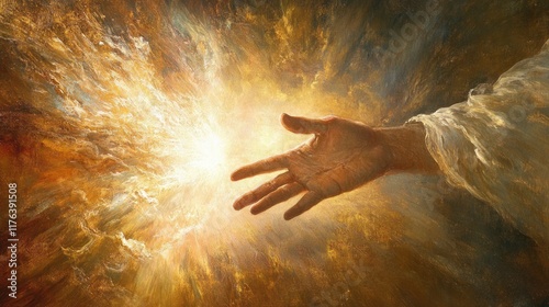 Bright and warm image of Jesus Christ hand reaching out, bathed in divine light, conveying the spiritual concept of love and redemption