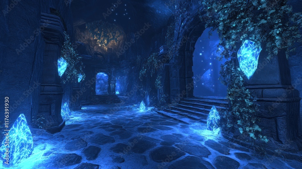 Mystical, glowing blue crystal-filled cavern passageway.