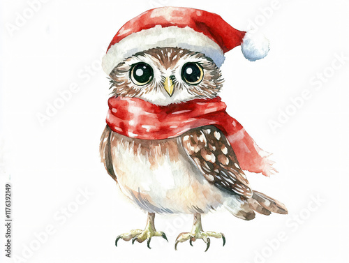Cute watercolor illustration owl Santa hat scarf Christmas design holiday decor winter season greeting festive animal art seasonal clipart white background bird pet Adorable greeting invitation card