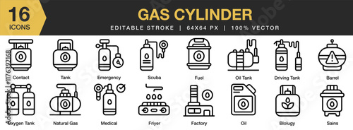 Gas Cylinder icon set. Editable Stroke Icon Collection. Includes gas, container, bottle, fuel, energy, storage, metal, and More. Outline icons vector collection.