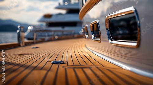 Luxury yacht deck detail, teak wood, chrome.