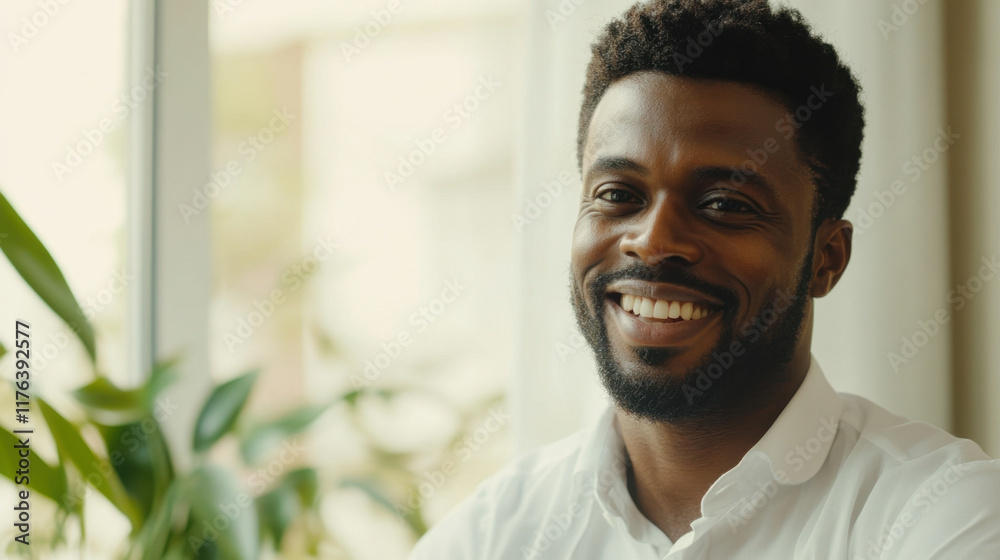 smiling man with beard sitting by window surrounded by plants, exuding warmth and positivity. His friendly demeanor creates welcoming atmosphere smiling man with beard sitting by window surrounded by plants, exuding warmth and positivity. His friendly demeanor creates welcoming atmosphere