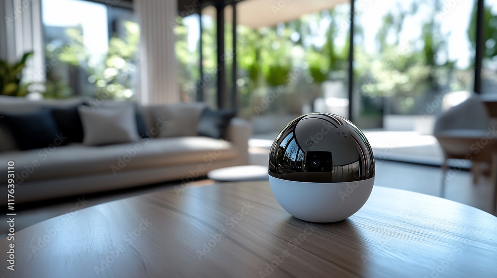 Modern smart home security device on coffee table. Modern smart home security device on coffee table.