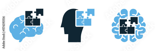 Autism Awareness Icon Set: Puzzle Pieces and Brain Symbols Representing Autism Spectrum, Cognitive Development, and Mental Health Concepts for Therapy, Psychology, and Educational Illustrations