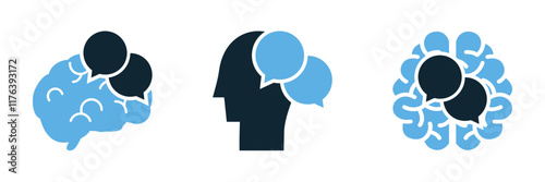 Inner dialogue or internal monologue icon Conceptual illustration of inner thoughts and self-talk using speech bubbles and brain icons