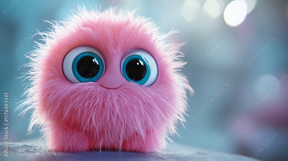 Obraz premium Cute pink little monster, a furry texture, blue background, lovely style, 3d rendering